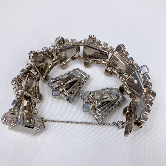 VTG 50s-60s Milk Glass Rhinestone Bracelet Earrings Set Mid-Century Demi Parure - Picture 8 of 9